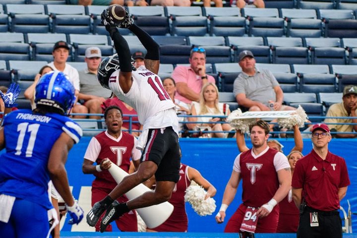 Troy wide receiver Deshon Stoudemire brings in an interception against Georgia State Saturday, Sept. 30, 2023 (Jamie Spaar for the Atlanta Journal Constitution)