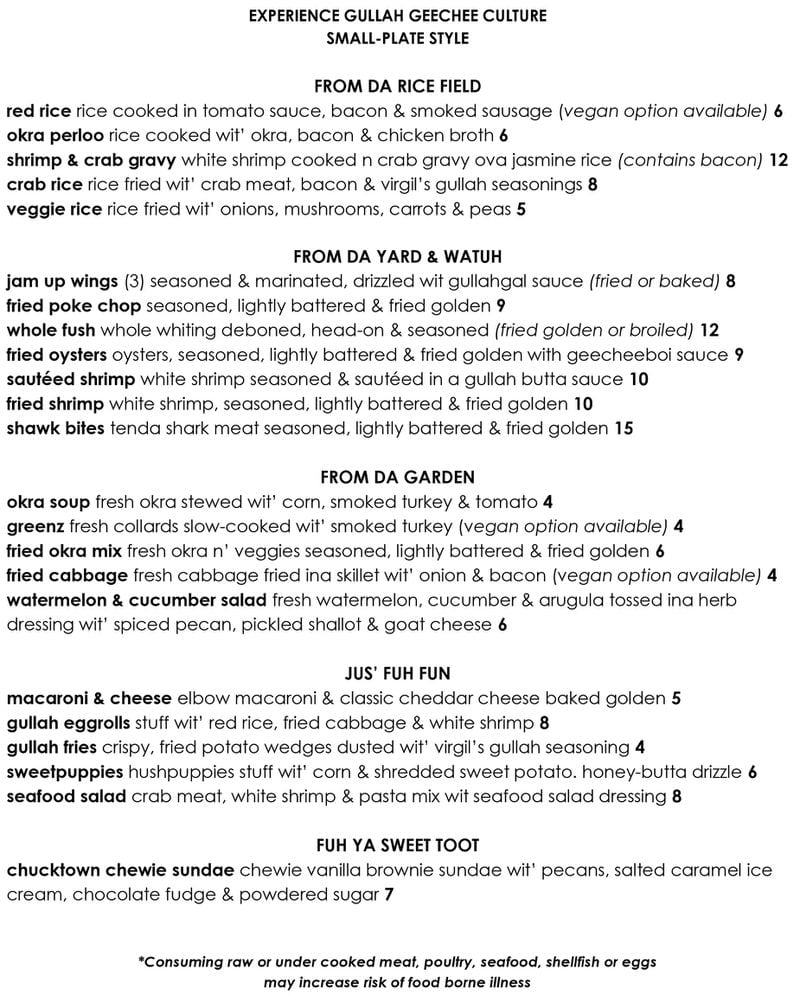 The menu for Virgil's Gullah Kitchen & Bar