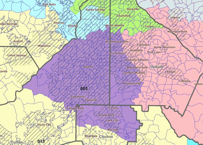 The state of Georgia is represented in the U.S. House of Representatives by election officials from 14 districts.  The city of Atlanta is mostly located in Georgia's 5th congressional district.