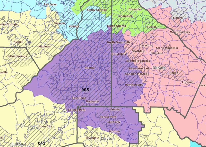 The state of Georgia is represented in the U.S. House of Representatives by election officials from 14 districts. The city of Atlanta is located in Georgia's 5th congressional district.