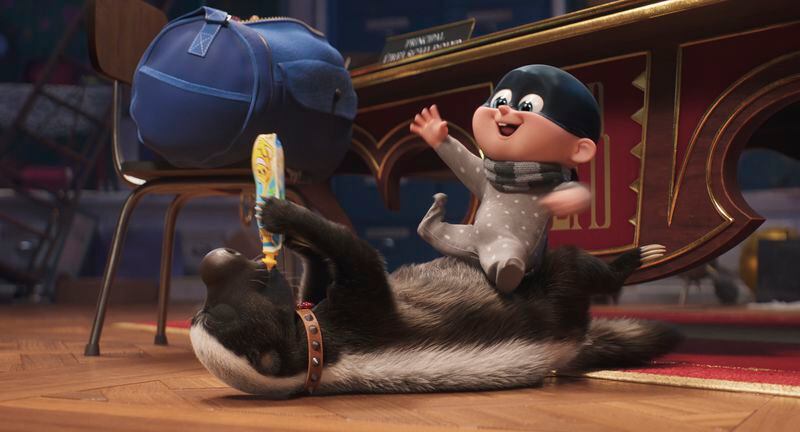 This image released by Illumination Entertainment and Universal Studios shows Honey Badger, left, voiced by Frank Welker, and Baby Gru, voiced by in a scene from "Despicable Me 4." (Illumination Entertainment and Universal Studios via AP)