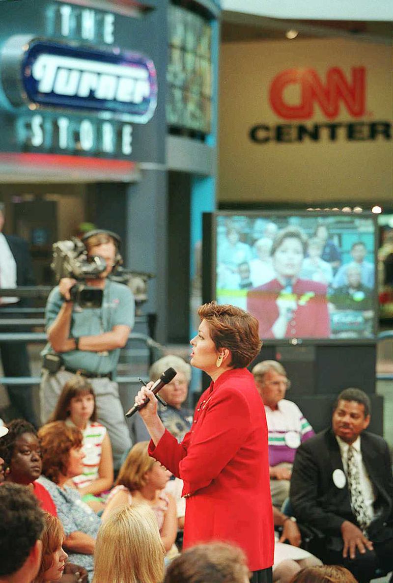 TalkBack Live host Susan Rook does her show in the atrium of the CNN Center in downtown Atlanta. 