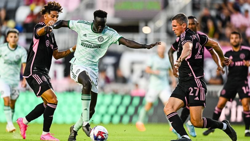 Atlanta United forward Machop Chol #30 dribbles the ball during the match against Inter Miami at DRV PNK Stadium in Fort Lauderdale, FL on Saturday May 6, 2023. (Photo by Mitchell Martin/Atlanta United)