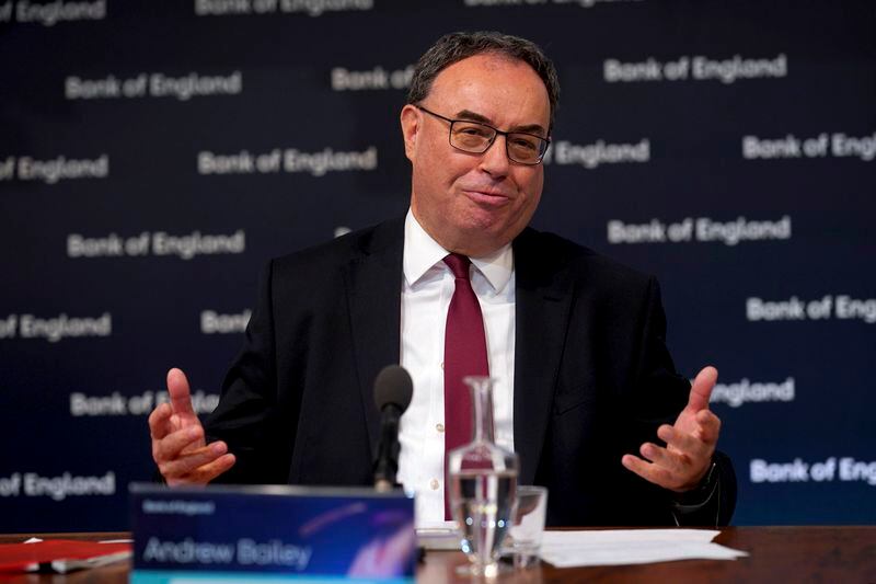 Andrew Bailey, Governor of the Bank of England, speaks during the Bank of England Monetary Policy Report press conference at the Bank of England, London, Thursday May 9, 2024. (Yui Mok/PA via AP)