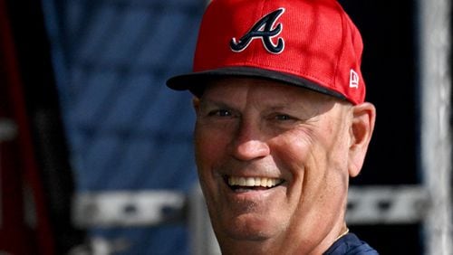 Braves manager Brian Snitker smiles during spring training workouts at CoolToday Park, Friday, February, 16, 2024, in North Port, Florida. (Hyosub Shin / Hyosub.Shin@ajc.com)