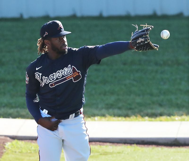 Pitcher Touki Toussaint gets in some morning work from the practice mounds Friday, Feb. 26, 2021, at CoolToday Park in North Port, Fla.