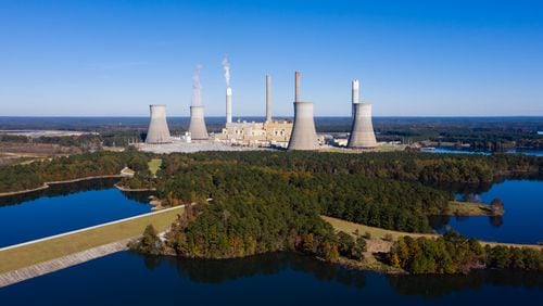 Plant Scherer, a Georgia Power plant near Juliette, northwest of Macon, is seen from the air using a drone on Tuesday, November 9, 2021. A new filing in the D.C. circuit court of appeals asks the court to examine whether recent action taken by the EPA amounts to an improper change to the rules governing coal ash pond closures. (Elijah Nouvelage for The Atlanta Journal-Constitution)