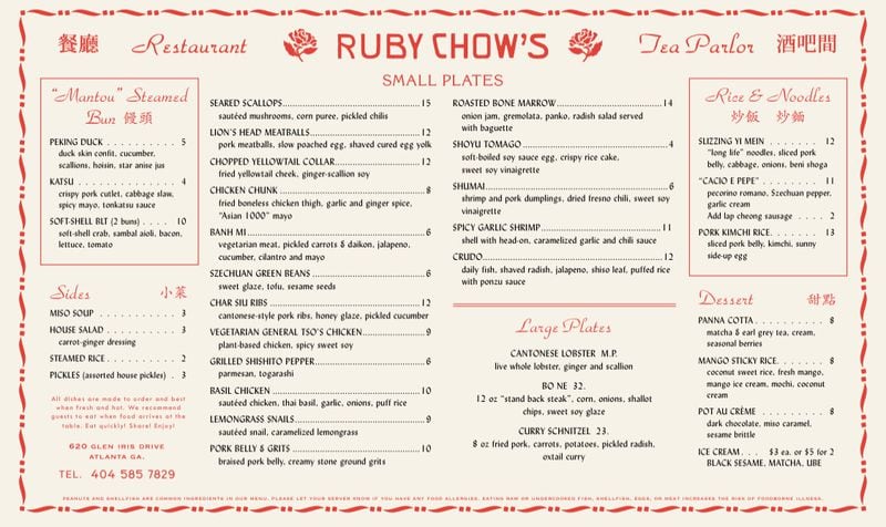 The opening menu at Ruby Chow's. COURTESY OF RUBY CHOW'S