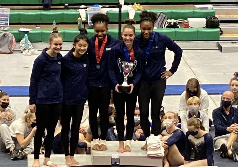 The Newnan gym team won the 6A-7A state championship on April 24 at Buford Arena. From left, Molly English, Paige Krauth, Jada Reese, Rubylyn Goad and Mikayla Burton.