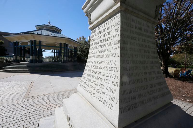 The monument to the Confederacy sits behind the old courthouse on the Decatur Square. BOB ANDRES /BANDRES@AJC.COM