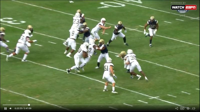 Owens runs behind Avery Showell's block, which leads him to Pitt's Jim Medure, who was being blocked to the middle of the field by Ajani Kerr. (Screen grab from Fox Sports South broadcast)