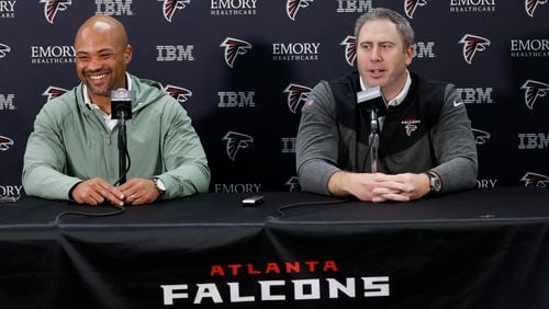 Falcons coach Arthur Smith and general manager Terry Fontenot (left) likely could learn from the NFL's final four teams. (Miguel Martinez file photo / miguel.martinezjimenez@ajc.com)