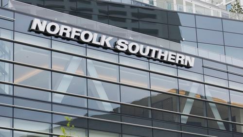 The Norfolk Southern logo is prominently displayed on the company's headquarters in Atlanta, as viewed from W. Peachtree Street NE on Tuesday, April 4, 2023. Miguel Martinez / miguel.martinezjimenez@ajc.com 