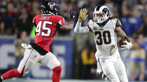 January 6, 2018 Los Angeles: Falcons linebacker Deion Jones runs down Rams running back Todd Gurley during the first quarter in their NFL Wild Card Game on Saturday, January 6, 2018, in Los Angeles.    Curtis Compton/ccompton@ajc.com