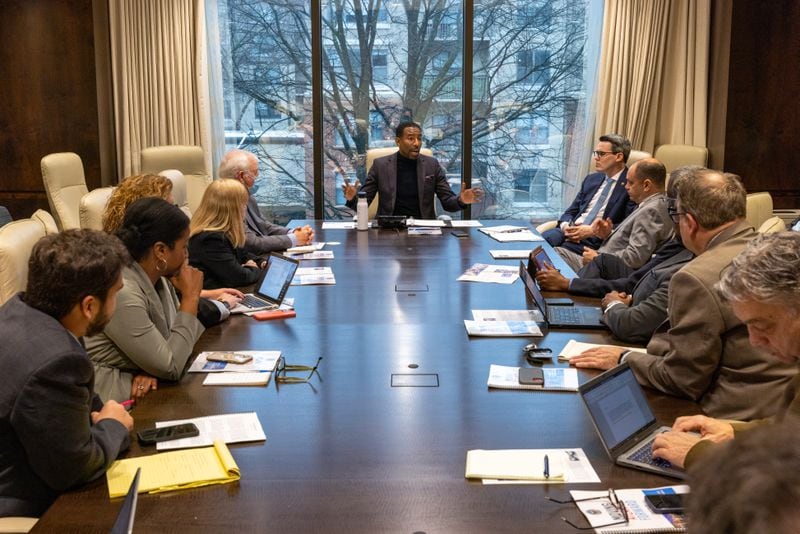 Atlanta Journal-Constitution reporters and editors meet with Mayor Andre Dickens at City Hall in Atlanta on Wednesday, February 1, 2023. (Arvin Temkar / arvin.temkar@ajc.com)
