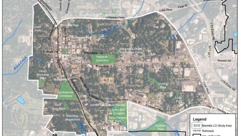 This map shows Marietta’s downtown study area for which city officials are seeking input online and at a Feb. 21 meeting on a new master plan for future growth and development. (Courtesy of Marietta)