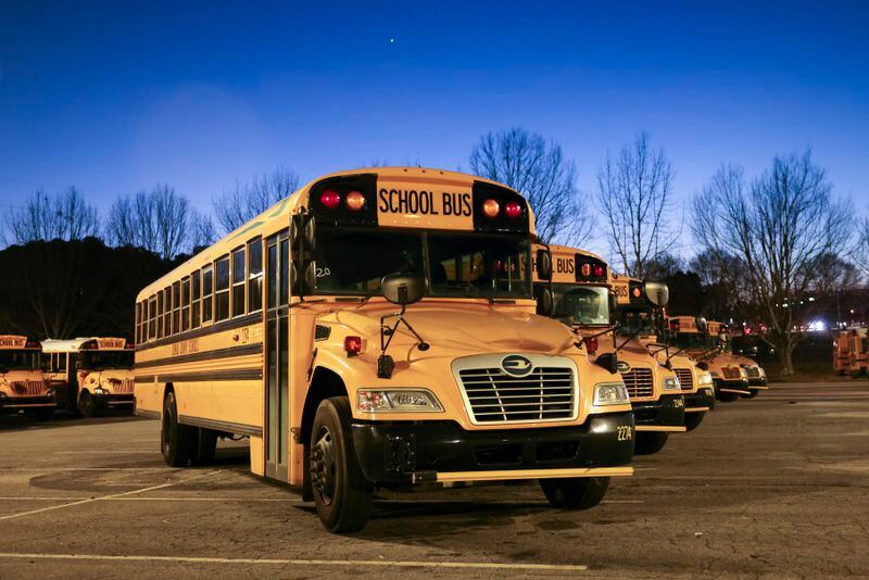 DeKalb County Schools buses are shown at the DeKalb County Schools Administrative and Instructional Complex, Monday, Feb. 13, 2023, in Stone Mountain. (Jason Getz / Jason.Getz@ajc.com)
