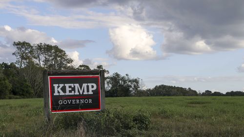 A Brian Kemp campaign sign is displayed along State Road 84 in Quitman, Ga. ALYSSA POINTER/ALYSSA.POINTER@AJC.COM