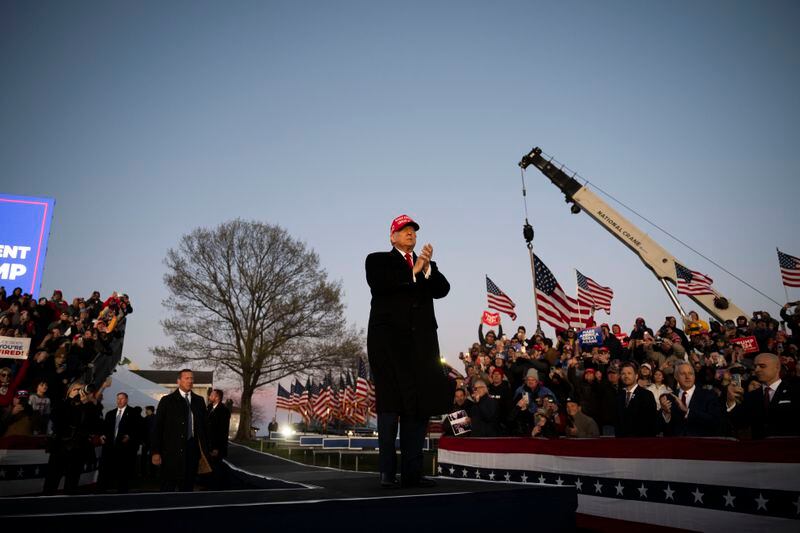 Former U.S. President Donald Trump greets attendees during a campaign event in Schnecksville, Pa., on Saturday, April 13, 2024. (AP Photo/Joe Lamberti)