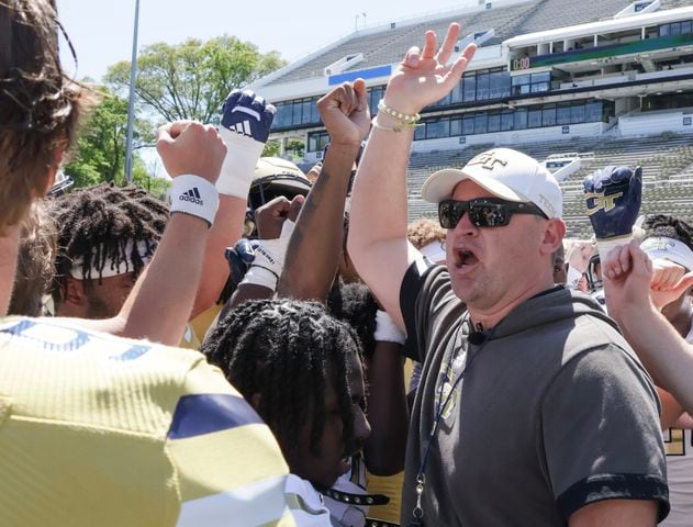 Georgia Tech head coach Brent Key huddles with players after the Spring White and Gold game at Bobby Dodd Stadium at Hyundai Field In Atlanta on Saturday, April 13, 2024.   (Bob Andres for the Atlanta Journal Constitution)