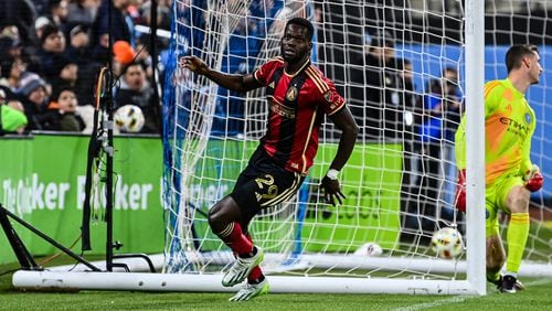 Atlanta United forward Jamal Thiaré reacts after a goal during the second half of the match against New York City FC at Citi Field in Queens, NY on Saturday April 6, 2024. (Photo by Mitch Martin/Atlanta United)