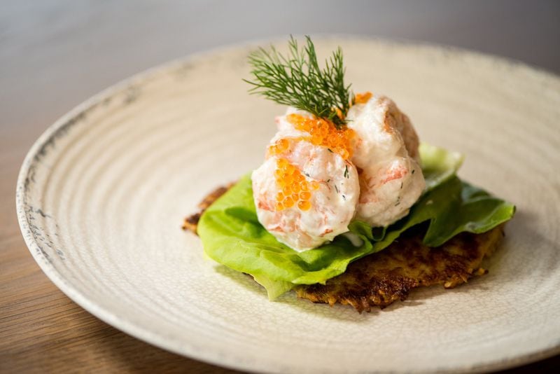 Shrimp "Skagen" with butter lettuce, organic sour cream, pickled red onions, potato cake and smoked trout roe. Photo credit- Mia Yakel.