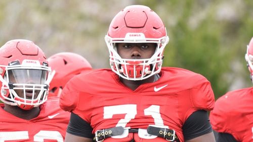 Georgia offensive lineman Andrew Thomas (71) during the Bulldogs' practice Tuesday, March 27, 2018,  in Athens.