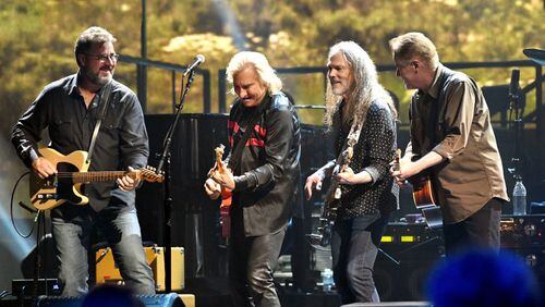 L-R) Musicians Vince Gill, Joe Walsh, Timothy B. Schmit and Don Henley of The Eagles perform onstage during 'An Evening with The Eagles' at The Forum on September 14, 2018 in Inglewood, California.