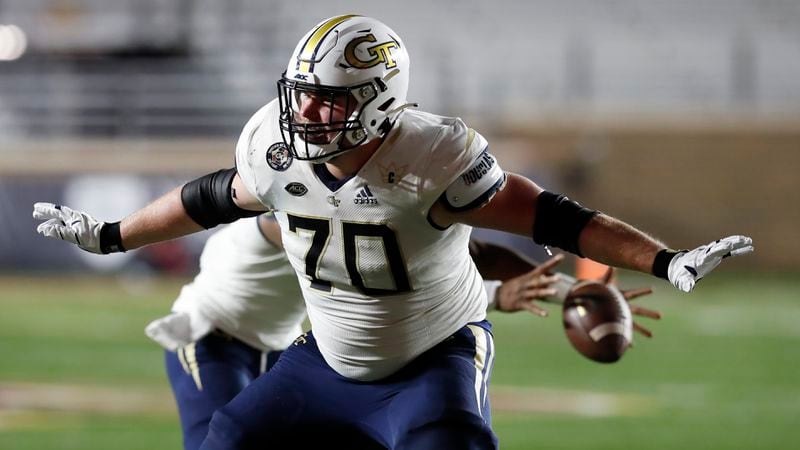 Georgia Tech offensive lineman Ryan Johnson protects against Boston College during the second half Saturday, Oct. 24, 2020, in Boston. (Michael Dwyer/AP)