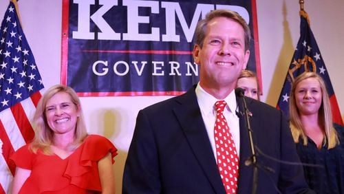 Secretary of State Brian Kemp gives his victory speech in Tuesday’s GOP runoff for governor. Curtis Compton/ccompton@ajc.com