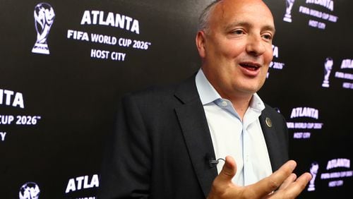 Darren Eales, President Atlanta United FC, takes questions during the host-city announcement press conference for the 2026 World Cup at Mercedes-Benz Stadium on Thursday, June 16, 2022, in Atlanta.     “Curtis Compton / Curtis.Compton@ajc.com”