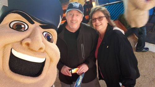 Kent and Laura Fite yuck it up with the New England Patriots mascot last week during Super Bowl festivities. The North Carolina couple won tickets for the game from Pepsi.