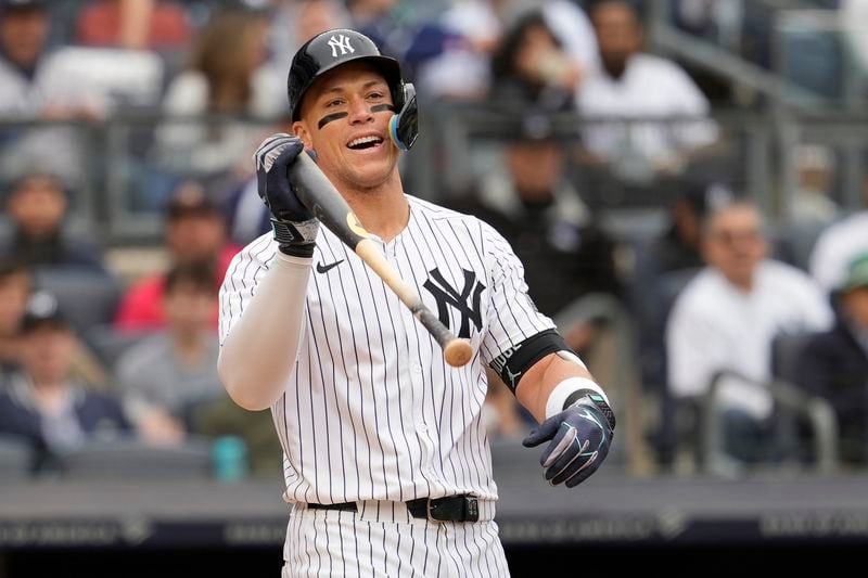 New York Yankees' Aaron Judge reacts after striking out in the seventh inning of a baseball game against the Detroit Tigers, Saturday, May 4, 2024, in New York. (AP Photo/Mary Altaffer)