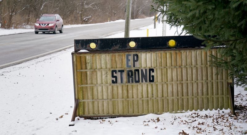 A sign greets motorists, Monday, Jan. 22, 2024, in East Palestine. (Matt Freed for the Atlanta Journal Constitution)