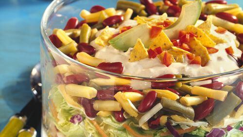Skip the meat with Tuesday’s Tex-Mex Layered Bean Salad. Contributed by READ Bean Salads/Seneca Foods Corp.