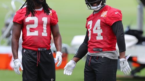 Falcons cornerbacks Desmond Trufant (21) and Brian Poole during the first day of minicamp on Tuesday, June 13, 2017, in Flowery Branch. Curtis Compton/ccompton@ajc.com