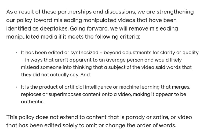 An excerpt from a January 6 blog post titled "Enforcing Against Manipulated Media," written by Facebook's vice president of global policy management, Monika Bickert.