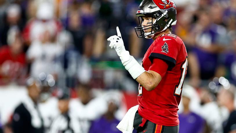 Tampa Bay Buccaneers quarterback Tom Brady reacts during the fourth quarter against the Baltimore Ravens at Raymond James Stadium on Thursday, Oct. 27, 2022, in Tampa, Florida. (Douglas P. DeFelice/Getty Images/TNS)