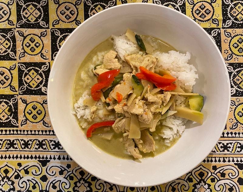 Gaeng keow wan from Banana Leaf features a bevy of vegetables and a choice of protein (pictured is chicken) in green curry over a bed of jasmine rice. Ligaya Figueras/ligaya.figueras@ajc.com
