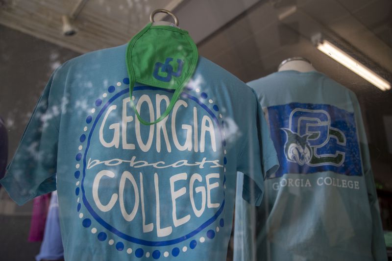 08/21/2020 - Milledgeville, Georgia - A store in Downtown  Milledgeville sells Georgia College and State University t-shirts and face masks in Milledgeville, Friday, August 21, 2020.  (ALYSSA POINTER / ALYSSA.POINTER@AJC.COM)
