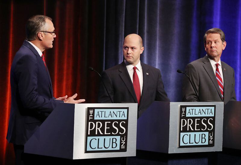 Casey Cagle (from left), Hunter Hill and Brian Kemp at GPB studios on May 17, 2018, in Atlanta. 
