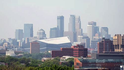 Smoke from Canadian wildfires lingers in the air over downtown Minneapolis on Monday, May 13, 2024. (Jerry Holt/Star Tribune/TNS)