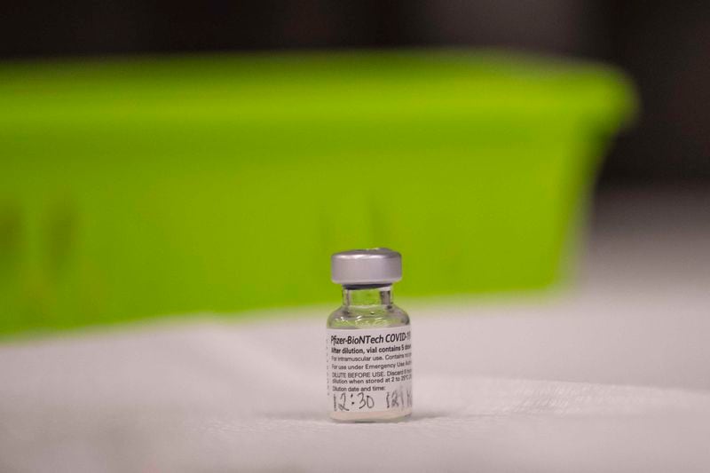 In this file photo, the COVID-19 Pfizer-BioNTech vaccination waits to be administered at the Gwinnett, Rockdale and Newton County Health Department’s district office in Lawrenceville. (Alyssa Pointer / Alyssa.Pointer@ajc.com)