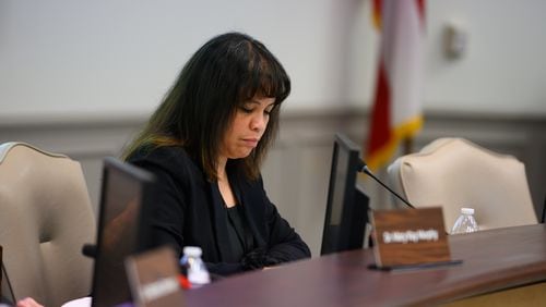 Karen Watkins, shown during a Gwinnett County school board work session Feb. 8, 2024, was part of a three-member majority who supported a budget proposed for fiscal year 2025. (Jamie Spaar / AJC file photo)