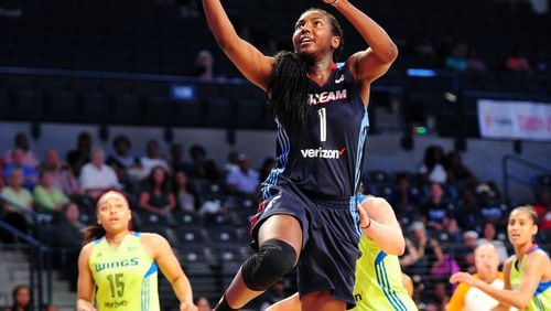 ATLANTA, GA - JULY 9:  Elizabeth Williams #1 of the Atlanta Dream shoots a lay up against the Dallas Wings on July 9, 2017 at Hank McCamish Pavilion in Atlanta, Georgia.  NOTE TO USER: User expressly acknowledges and agrees that, by downloading and/or using this Photograph, user is consenting to the terms and conditions of the Getty Images License Agreement. Mandatory Copyright Notice: Copyright 2017 NBAE (Photo by Scott Cunningham/NBAE via Getty Images)
