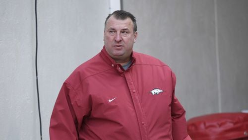 Arkansas coach Bret Bielema gets choked up as the senior players are introduced before the start of an NCAA college football game Friday, Nov. 24, 2017 in Fayetteville, Ark. Bielema was fired following the Razorbacks 48-45 loss to Missouri. (AP Photo/Michael Woods) ORG XMIT: ARMW101