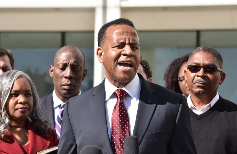 Former Atlanta Fire Chief Kelvin Cochran speaks to members of the press after his hearing at Richard B. Russell Federal Building on Friday, November 17, 2017. Former Atlanta Fire Chief Kelvin Cochran filed a federal civil rights lawsuit the city, saying he was terminated in 2015 because of his religion. HYOSUB SHIN / HSHIN@AJC.COM