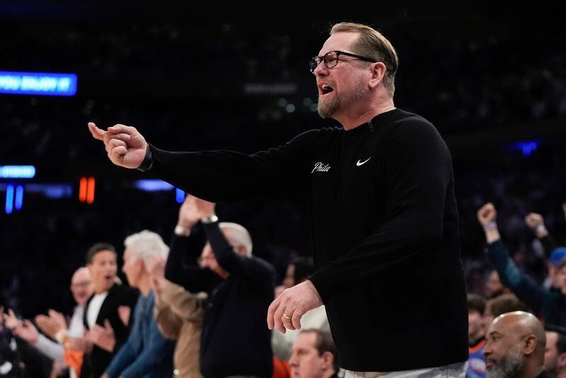 Philadelphia 76ers head coach Nick Nurse reacts after a call during the second half of Game 2 in an NBA basketball first-round playoff series against the New York Knicks, Monday, April 22, 2024, in New York. (AP Photo/Frank Franklin II)