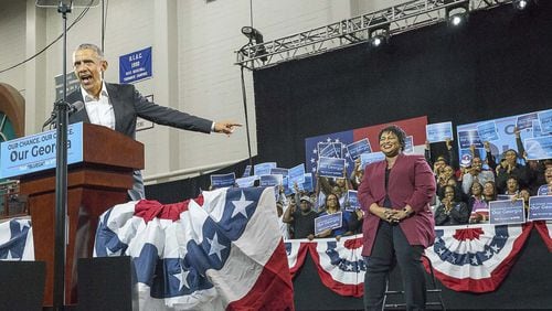 Former President Barack Obama praises Georgia Democratic gubernatorial candidate Stacey Abrams during a 2018 rally for her at Morehouse College’s Forbes Arena. (ALYSSA POINTER/ALYSSA.POINTER@AJC.COM)