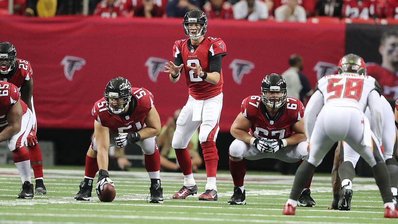 September 11, 2016 ATLANTA: The Falcons offensive line Chris Chester (from left), Alex Mack, Andy Levitre and Jake Matthews during the second half against the Buccaneers in an NFL football game on Sunday, Sept. 11, 2016, in Atlanta. Curtis Compton /ccompton@ajc.com